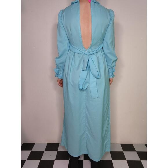 Vtg 60s 70s Handmade Blue Ruffle Prairie Cottage Empire Waist Dress Sz X-Small - Picture 8 of 10
